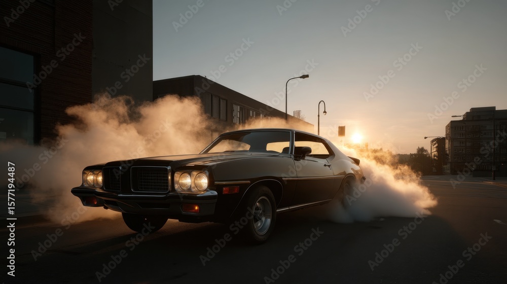 Classic car performing dramatic burnout at sunset in urban setting Classic car performing dramatic burnout at sunset in urban setting
