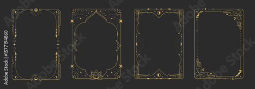 Set of modern magic witchcraft astrology frames with lotus, hands, stars, sun and moon on black background. Line art occult vector illustration
