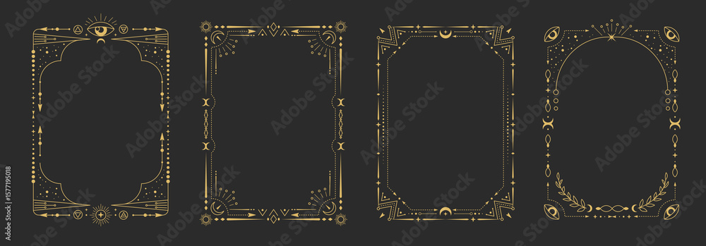 Set of modern magic witchcraft astrology frames with third eye, stars, sun and moon on black background. Line art occult vector illustration