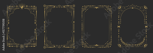 Set of modern magic witchcraft astrology frames with third eye, stars, sun and moon on black background. Line art occult vector illustration