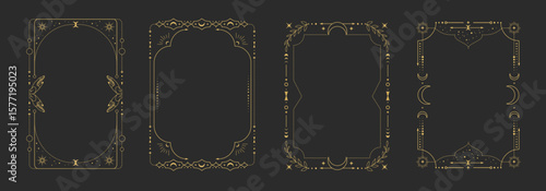 Set of modern magic witchcraft astrology frames with  hands, stars, sun and moon on black background. Line art occult vector illustration