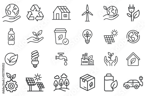 Collection of eco-friendly line icons representing sustainability clean energy conservation and environmental