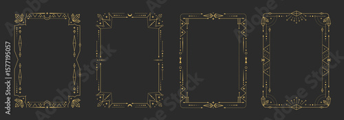 Set of modern magic witchcraft astrology frames with crystals, diamonds, gemstones, stars, sun and moon on black background. Line art occult vector illustration