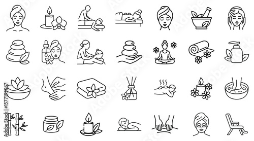 Spa and wellness icon set for relaxation and beauty treatments with massage stones aromatherapy and skincare elements