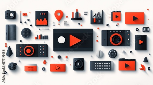 Flat design icons representing video production tools