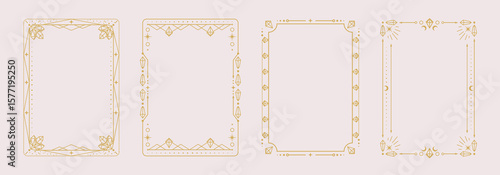 Set of modern magic witchcraft astrology frames with crystals, diamonds, gemstones, stars, sun and moon on white background. Line art occult vector illustration