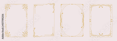 Set of modern magic witchcraft astrology frames with snakes, stars, sun and moon on white background. Line art occult vector illustration