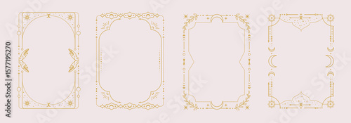 Set of modern magic witchcraft astrology frames with  hands, stars, sun and moon on white background. Line art occult vector illustration
