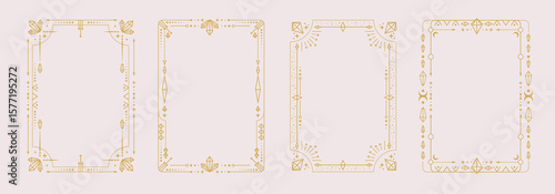 Set of modern magic witchcraft astrology frames with crystals, diamonds, gemstones, stars, sun and moon on white background. Line art occult vector illustration