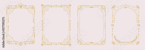 Set of modern magic witchcraft astrology frames with third eye, stars, sun and moon on white background. Line art occult vector illustration
