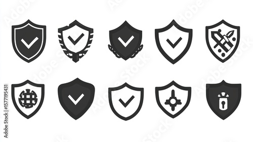 Set of shield icons with various embellishments