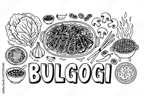 Black and white illustration of bulgogi ingredients and preparation, showcasing various components.