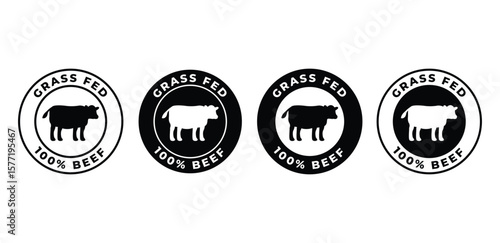 Grass Fed Beef Icons Black and White Circular Designs Featuring Cow Silhouette Vector Illustration Template