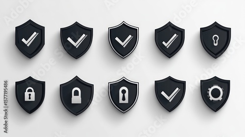Shield icons with various security symbols