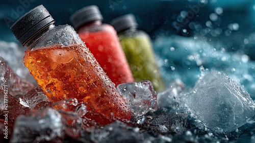 Electrolytes water bottles with ice, sports hydration drink, fitness nutrition, refreshing beverage, workout health