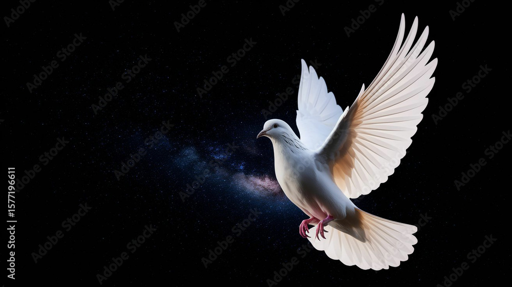 Obraz premium A pure white dove flying against a stark black background