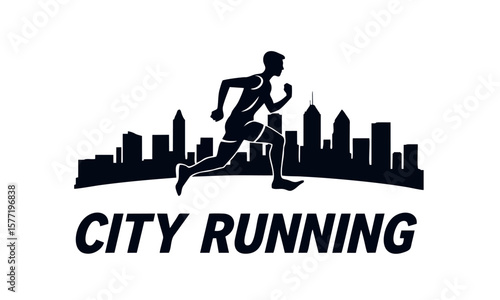 City Running Logo Design, Athletic Runner in Front of a Cityscape, Bold Lines