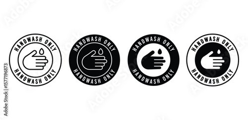 Hand Wash Only Icon Set Black and White Circular Symbols Sign Vector Design Illustration Template