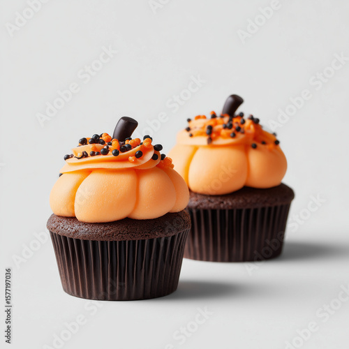 Halloween pumpkin-themed cupcakes, cupcake with orange frosting, chocolate cupcakes on a white background