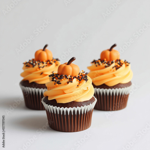Halloween pumpkin-themed cupcakes, cupcake with orange frosting, chocolate cupcakes on a white background