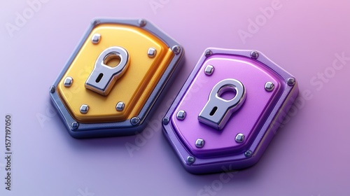 Two colorful metallic shields with padlocks