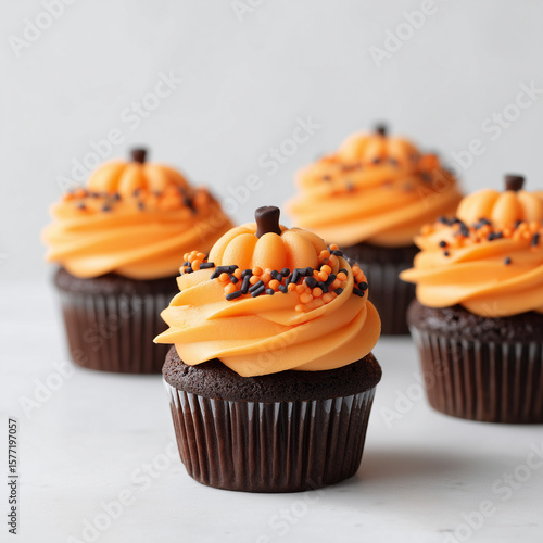Halloween pumpkin-themed cupcakes, cupcake with orange frosting, chocolate cupcakes on a white background