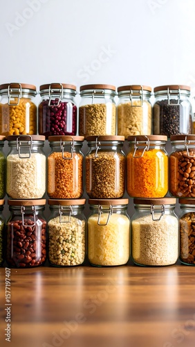 Rows of clear glass jars filled with various dried foods