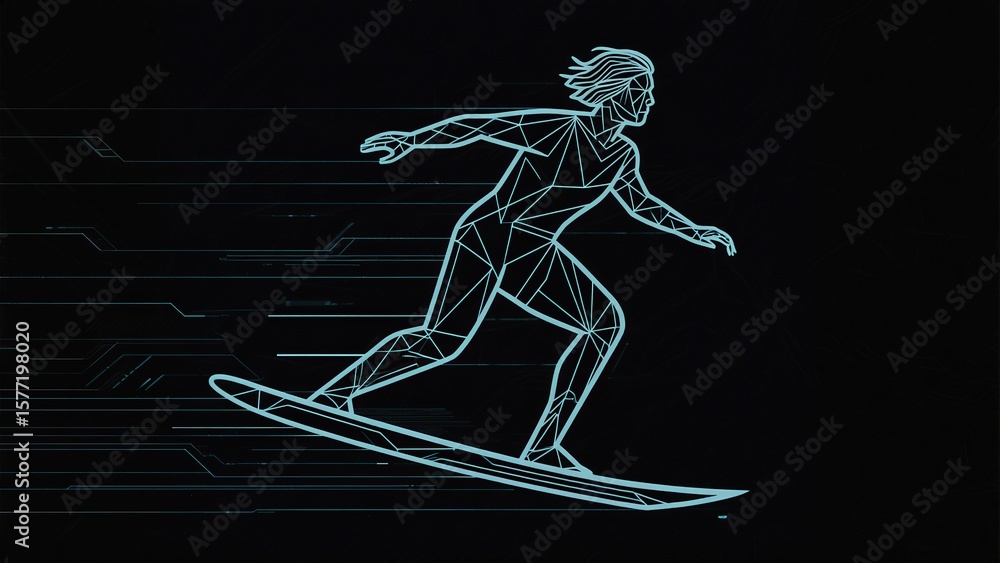 Fototapeta premium Neon Blue Polygon Surfer Tech Art for Sports Innovation, Cyber Style & Digital Design