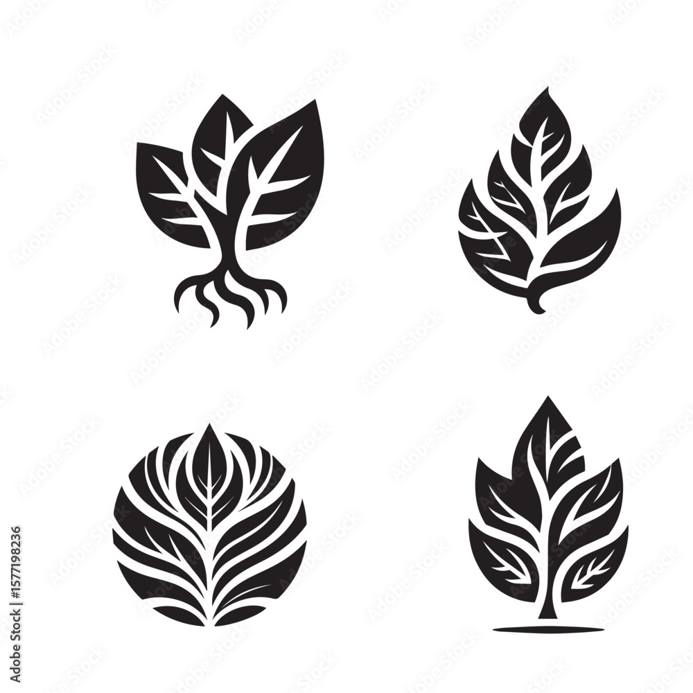 Fototapeta premium Leaves Silhouette – Vector IllustrationBlack and White Leaf Set – Minimal VectorNature Leaves Icon – Silhouette Art