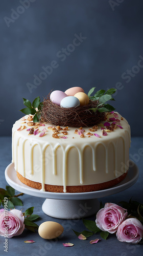 Easter celebration cake, easter egg, festive cake with a fluted shape, piece of cake with icing