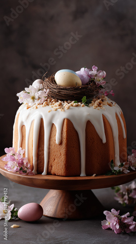 Easter celebration cake, easter egg, festive cake with a fluted shape, piece of cake with icing