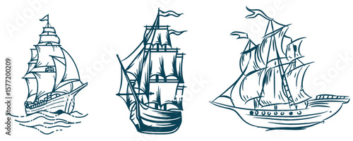 Set of sea ship illustrations isolated on white background. Design element for poster, t shirt, card, emblem, sign, badge