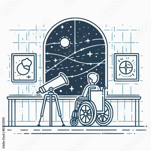 Person in a wheelchair stargazing through a telescope by a window, exploring the universe
