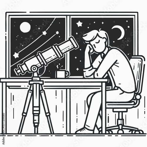 An astronomer rests at a table next to a telescope, a scientific concept