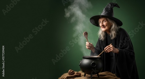 Old woman witch with grey hair and black hat stirring steaming cauldron. Halloween old hag creating magic potion for mystery.