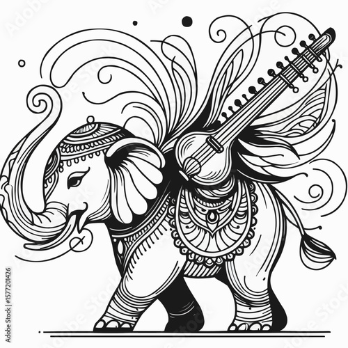 Elephant with musical instrument, joyful mood, walking with ornaments and decorative patterns
