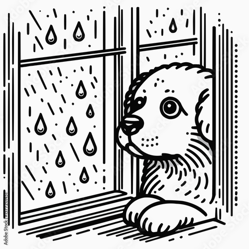 Sad dog looking out the window, melancholic mood, rainy day illustration in line art
