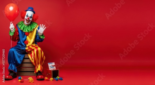 Evil clown sitting on wooden box with red balloon. Creepy person scary costume. Halloween horror concept.