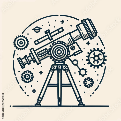 Astronomical telescope with gears, curious mood, science illustration in line art style