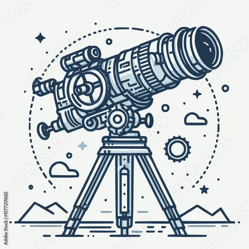Astronomical telescope on tripod, curious mood, space exploration illustration in line art style
