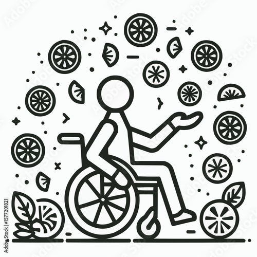 Person in a wheelchair enjoying fruits and joyful atmosphere surrounded by nature