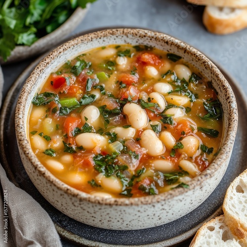 A wholesome Tuscan white bean stew featuring creamy beans, vibrant tomatoes, and fresh greens, garnished with herbs. Served warm with crusty bread for a comforting meal.