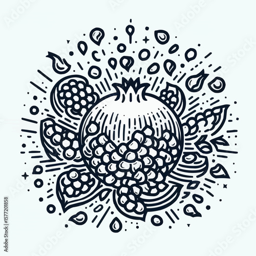 Pomegranate with seeds, vibrant mood, fruit illustration in line art style
