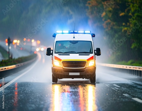 Wallpaper Mural Photograph of an ambulance cutting through a torrential downpour on a dark highway. Torontodigital.ca