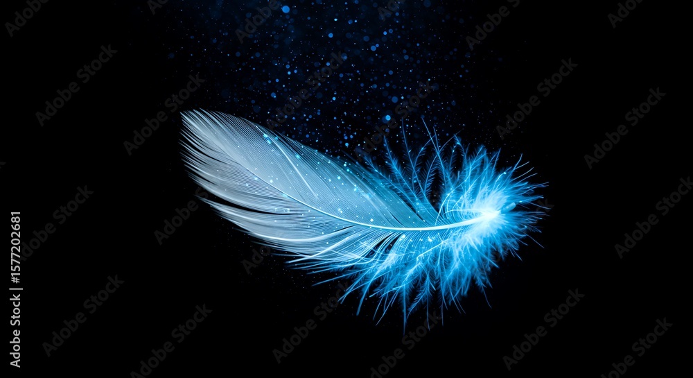 Obraz premium Glowing Blue Feather Floating in Dark Space