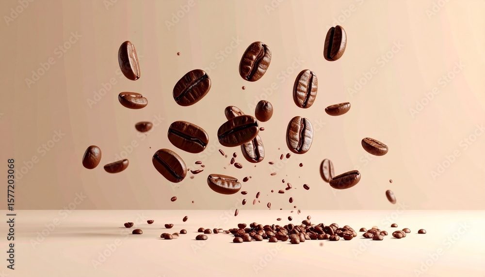 Obraz premium Flying Roasted Coffee Beans on Beige Background