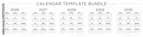 editable vertical calendar template bundle for 2026 - 2030. simple vector calendar planner template
