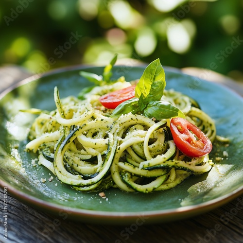 Delicious zucchini noodles coated in homemade pesto are garnished with cherry tomatoes and fresh basil. This healthy dish is served outdoors in a sunny, lively atmosphere perfect for summer dining.