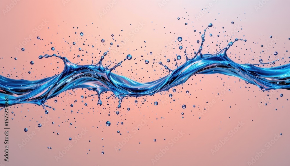 Fototapeta premium High-resolution close-up of clear water splash and wave with droplets flying in natural pink background, emphasizing purity, freshness, and fluid motion in aquatic scene