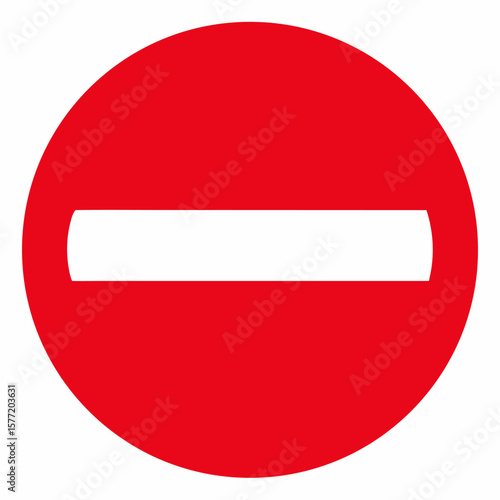 A solid red circular prohibition sign with a horizontal white bar isolated on a white background isolated on white background